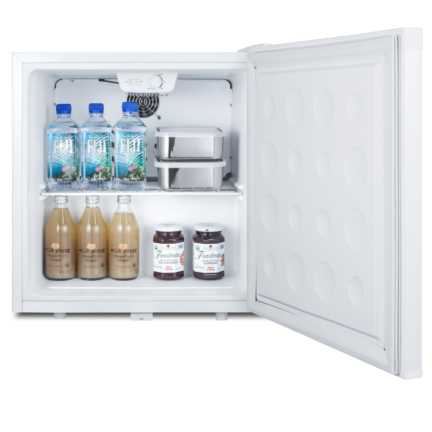 Compact 1.7 cu.ft. all-refrigerator in white with automatic defrost, front lock, and flat door liner